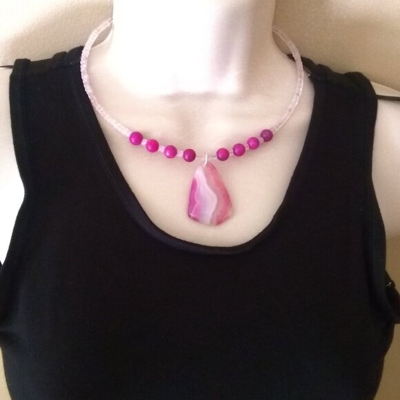 Pink & White Agate + Sugilite Choker Bib Necklace ~ Unique Feminine Girlie Boho - Picture 9 of 9